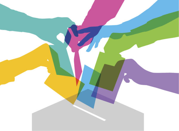 Colourful overlapping silhouettes of people voting. EPS10 file, best in RGB, CS5 versions in zip