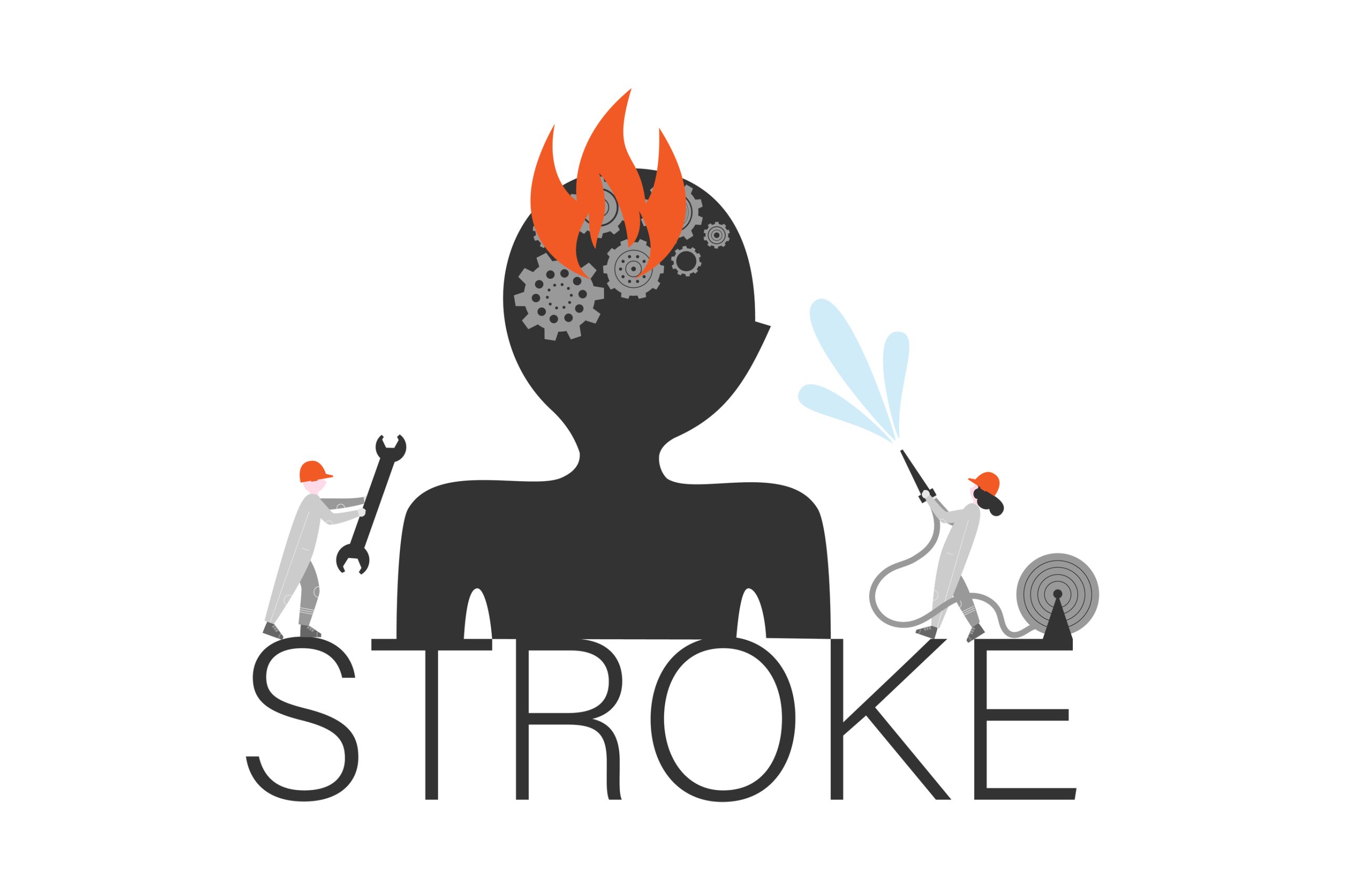 Tecknad bild på huvud med flammor från huvudet och två personer som försöket hjälpa till. Ordet stroke i underkant.